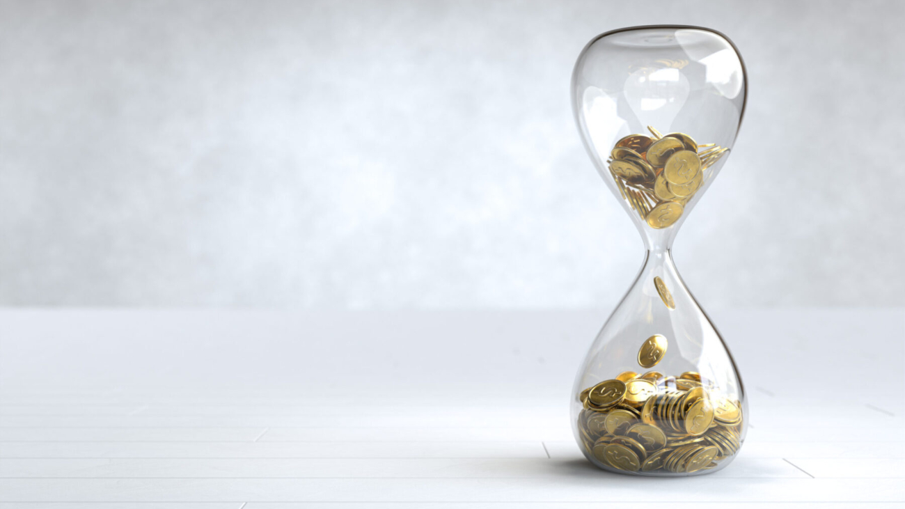 Gold coin in the hourglass, Time is money concept. 3D illustration