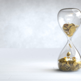 Gold coin in the hourglass, Time is money concept. 3D illustration