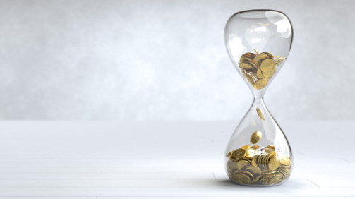 Gold coin in the hourglass, Time is money concept. 3D illustration